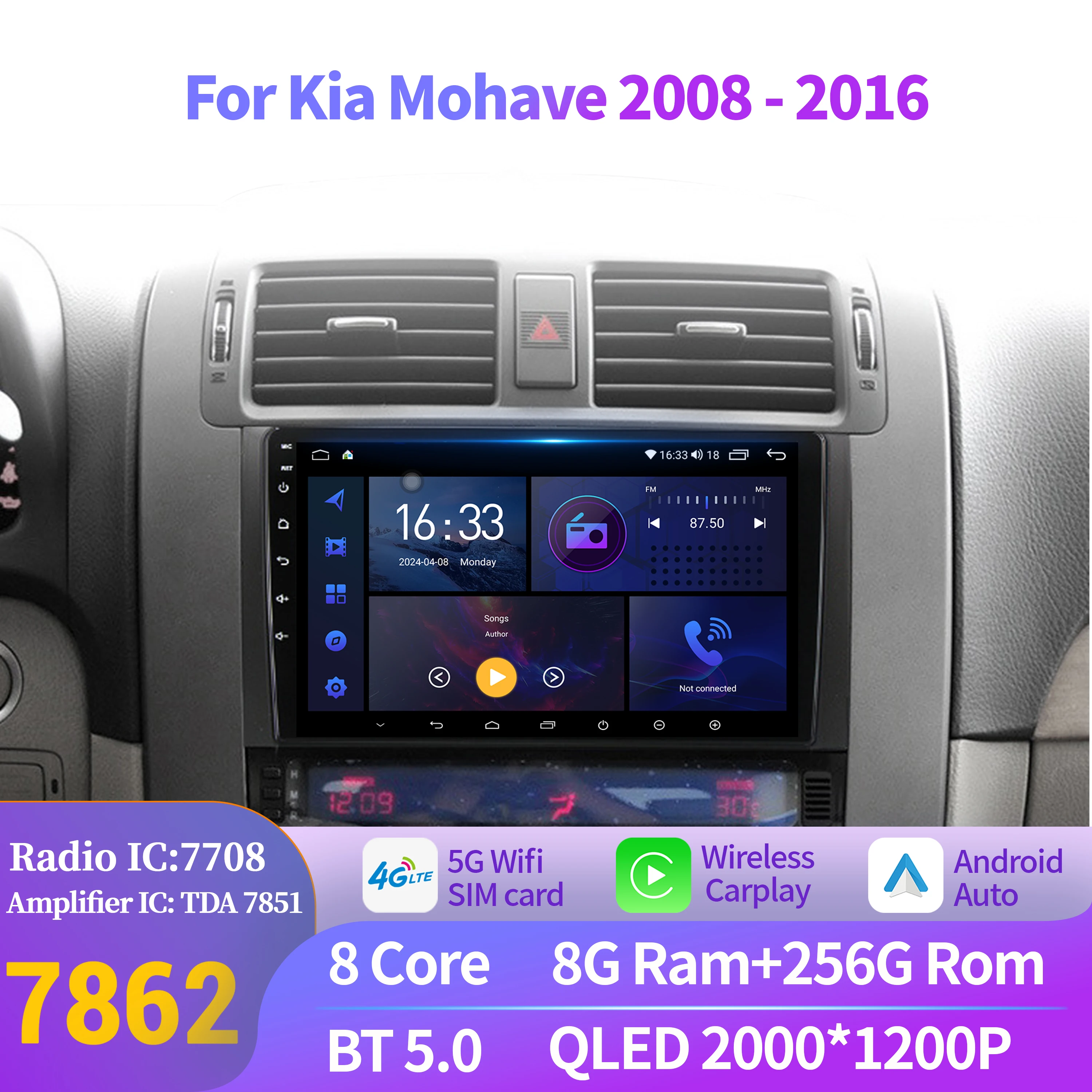 

For Kia Mohave 2008-2016 Wireless BT CarPlay Android 14 Radio Car Multimedia Player 7862S 8G 256G 2K QLED Screen Stereo