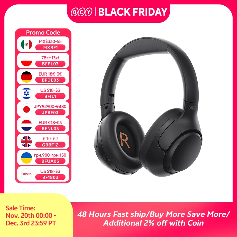 QCY H3 ANC Wireless Headphones Bluetooth 5.4 Hi-Res Audio Over Ear Headset 43dB Hybrid Active Noise Cancellation Earphones 60H