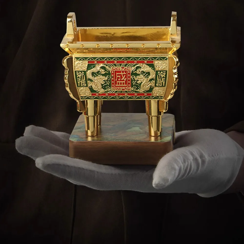 Hot Selling Metal Square Ornament Auspicious Double Eared Cauldron Incense Burner Golden Square Cauldron Home Chinese Ornament