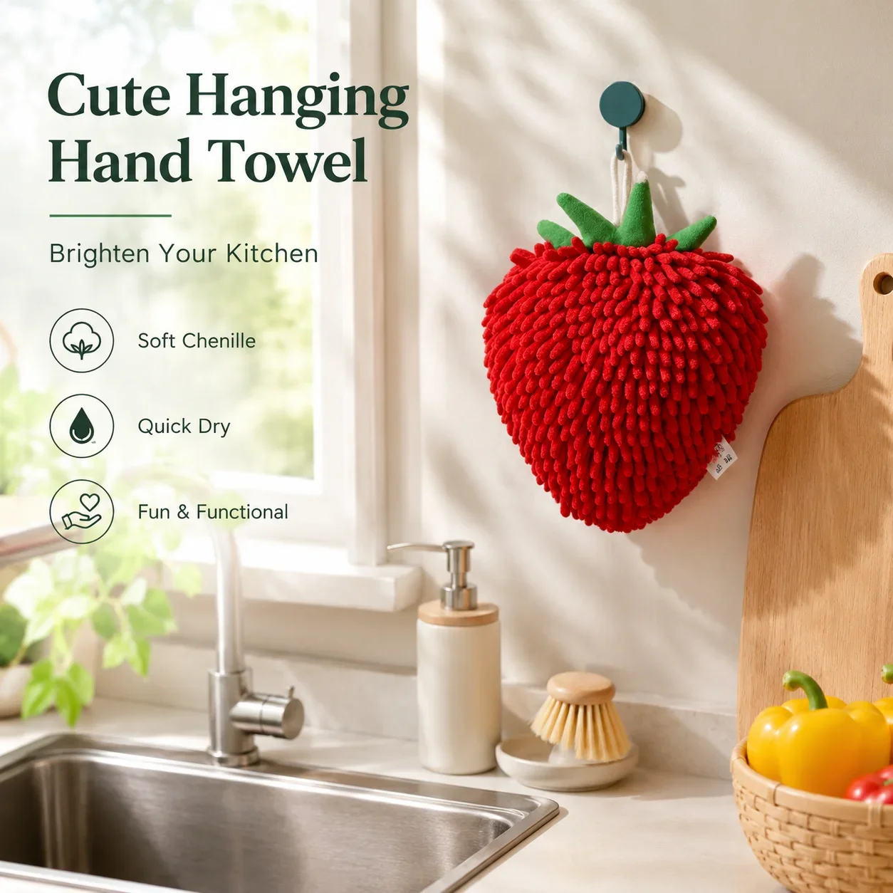 Big Eye Fruit Chenille Hand Towel, Super Absorbent Quick Dry Hanging Design, Festive Red Kitchen Bathroom Drying Cloth