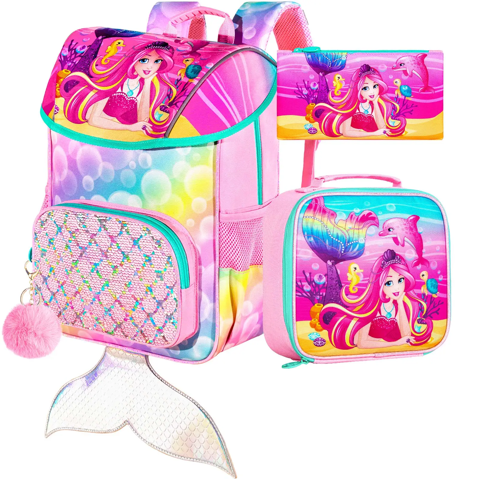 

3Pcs Mermaid Backpack for Girls, 15" Kids Sequin Bookbag for Elementary Preschool Kindergarten, Flap Backpacks with Lunch Box