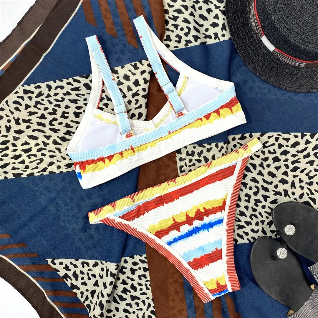 Sexy bedruckter, gerippter brasilianischer Bikini, Damen-Badeanzug, zweiteiliges Bikini-Set, hoch geschnittener Badeanzug, Badebekleidung, Schwimmbikini V3347 – Detail 11