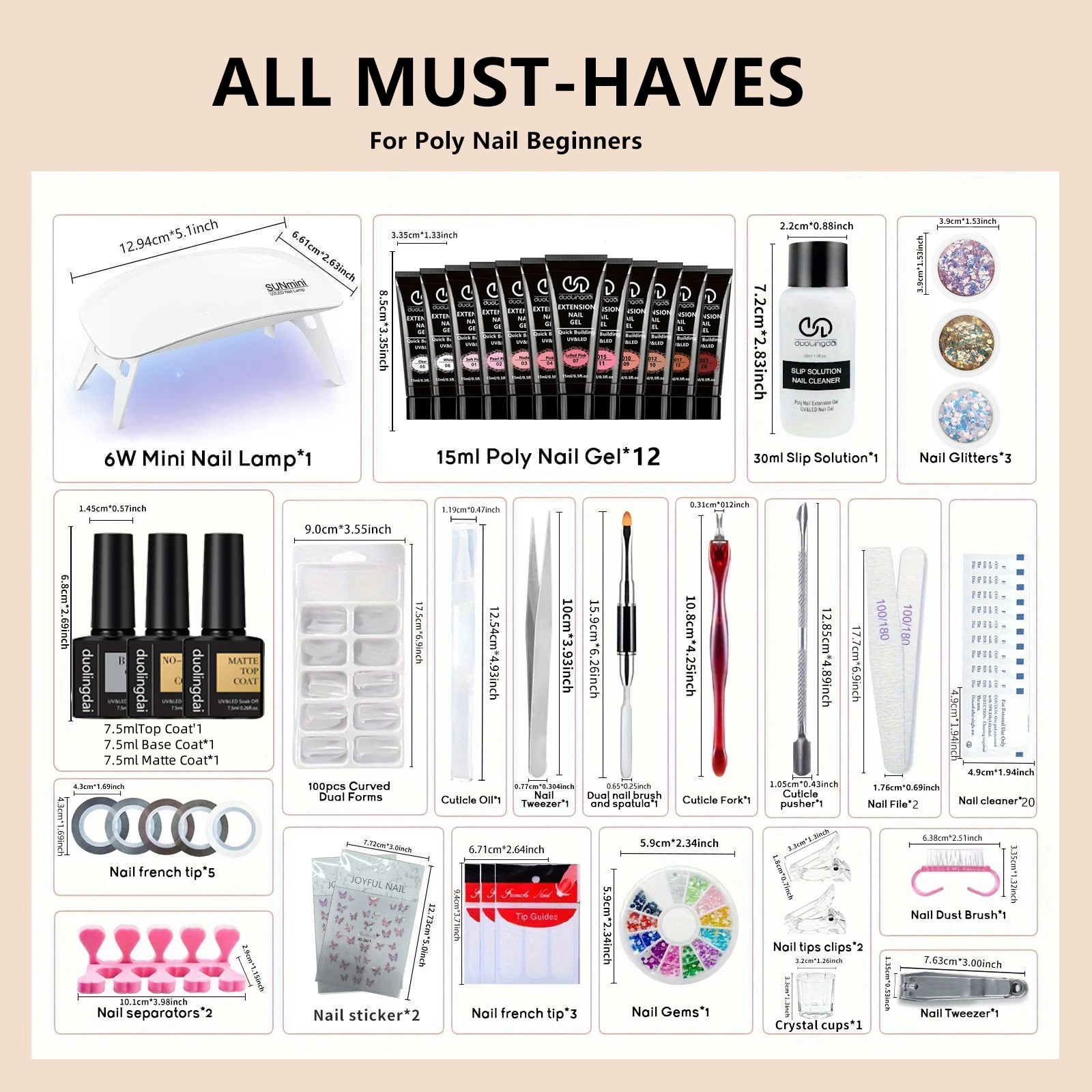 Nail Extension Gel Kit with 30ml Slip Solution, 12-Color Poly Nail Gel Polish Set with Base & Matte/Glossy Top Coats, Complete M