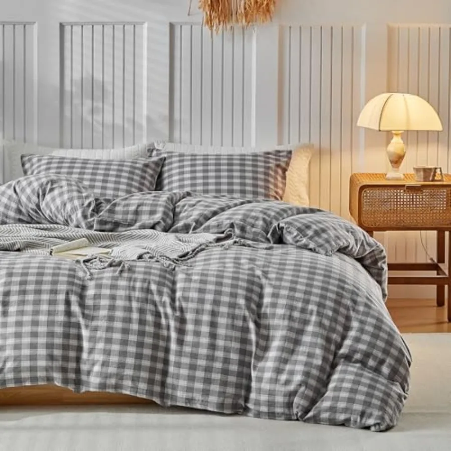 

Duvet Cover Washed Cotton Plaid Checkered Bedding Set 3 Pieces Grid Duvet Cover with 2 PillowcasesReversible Ultra Soft Gray