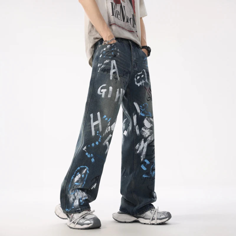 XL8875 European summer tide jeans loose graffiti straight trousers high street retro washed nostalgia trousers