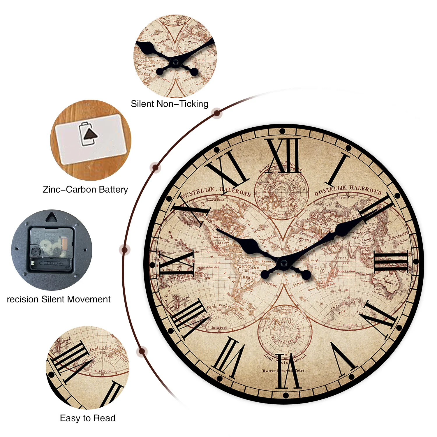 Retro Nautical Coast Beach Ship Compass Pattern Wooden Wall Clock Living Room Bedroom Kitchen Home Decor Silent Quartz Clock Holiday Gift 10 Inch 12 Inch 14inch 16inch (No Battery)