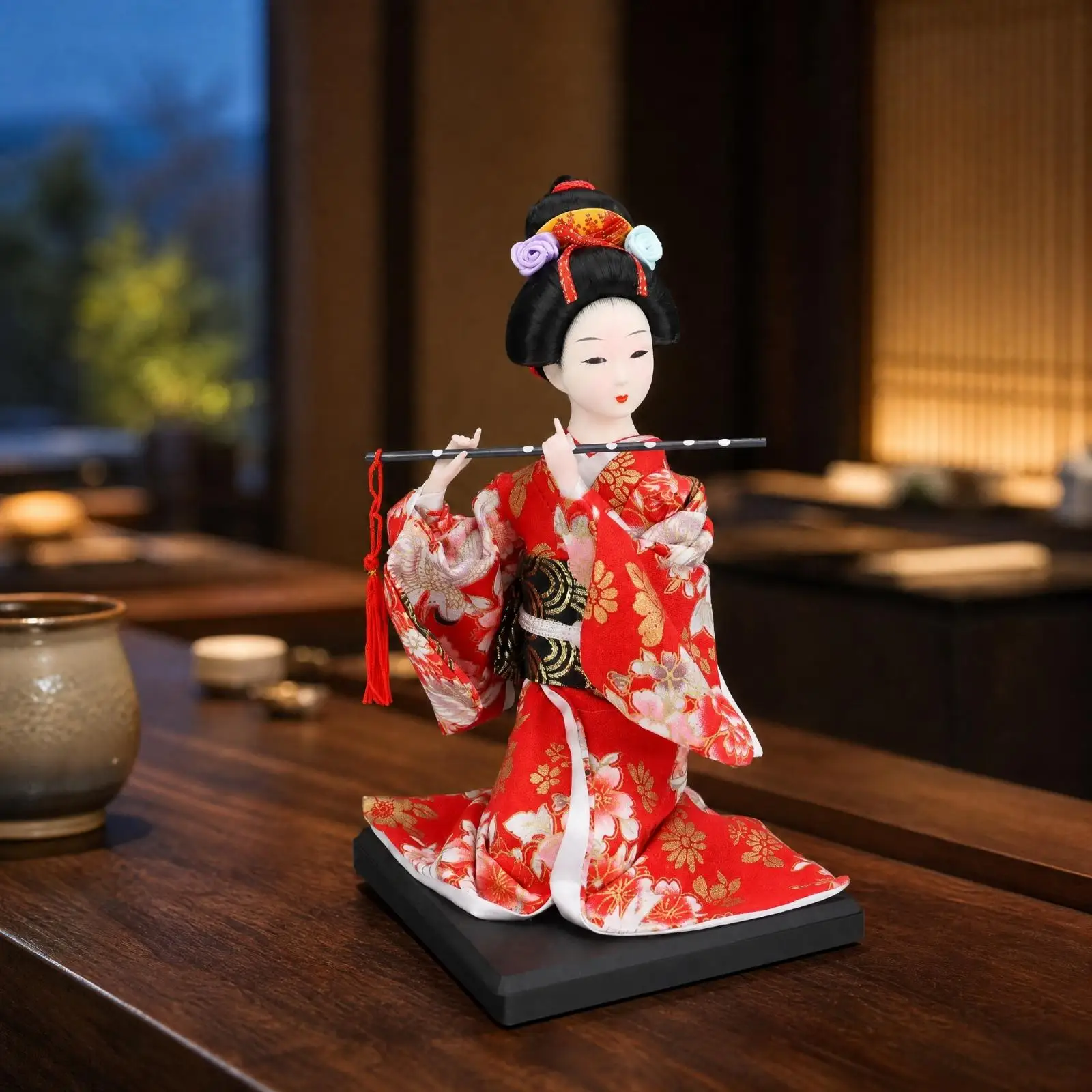 Geisha Doll Kimono Figurine 12 Inch Traditional Japanese Textile Art Plaster Resin for Tabletop Decor