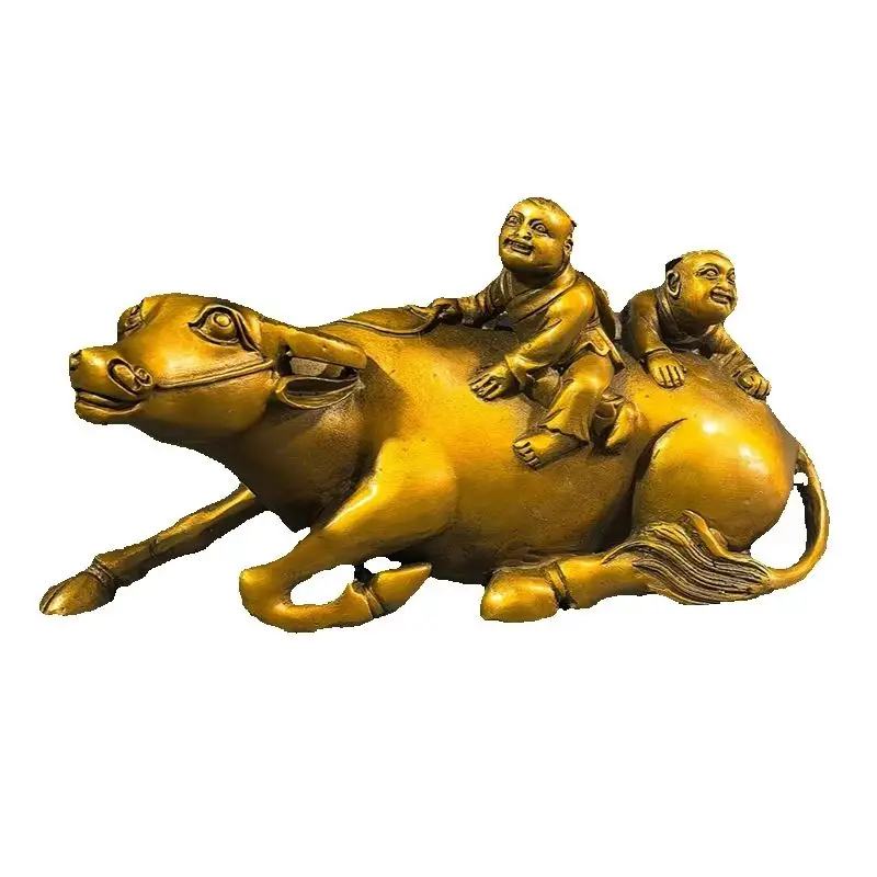 Aureate Copper Chinese Statue - Feng Shui Bull Boy Cattle Herding Ornament for Home Decor