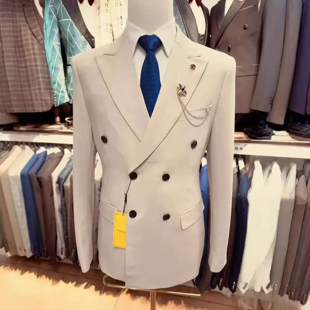 Double Breasted Men's Suits For Prom Slim Fit 2 Pcs Peak Lapel Blazer With Pants Male Fashion Wedding Tuxedo XS-3XL