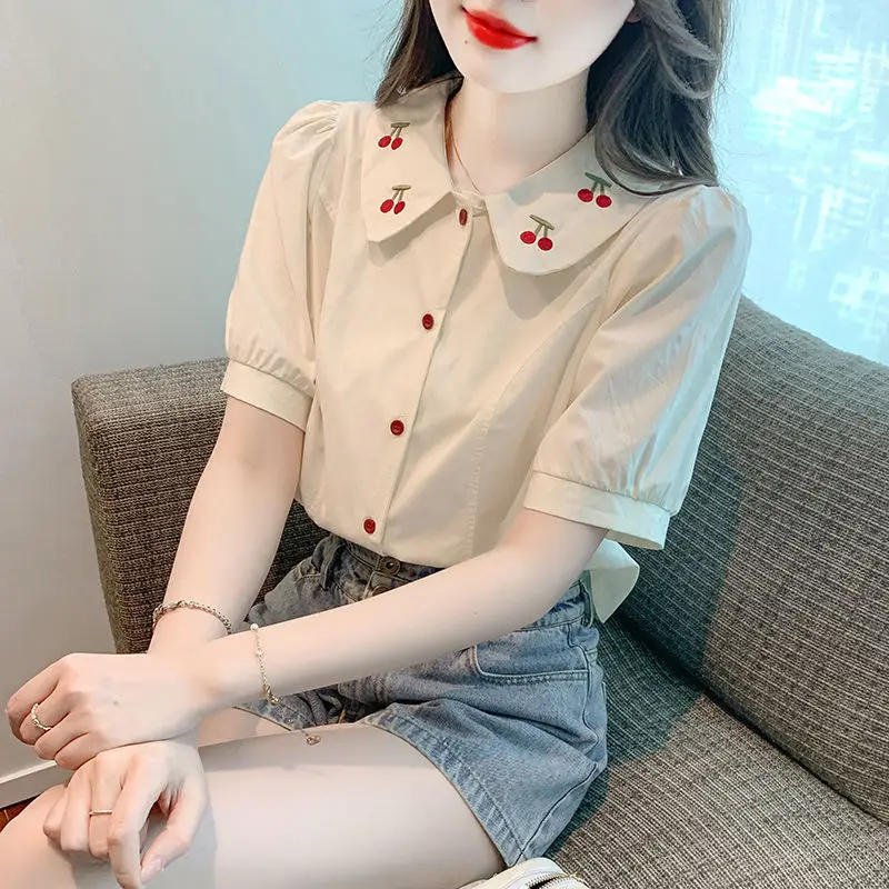 Womens Trendy Vintage Kawaii Embroidery Button Up Shirt Summer Peter Pan Collar Short Sleeve Blouse Female Casual Slim Chic Tops