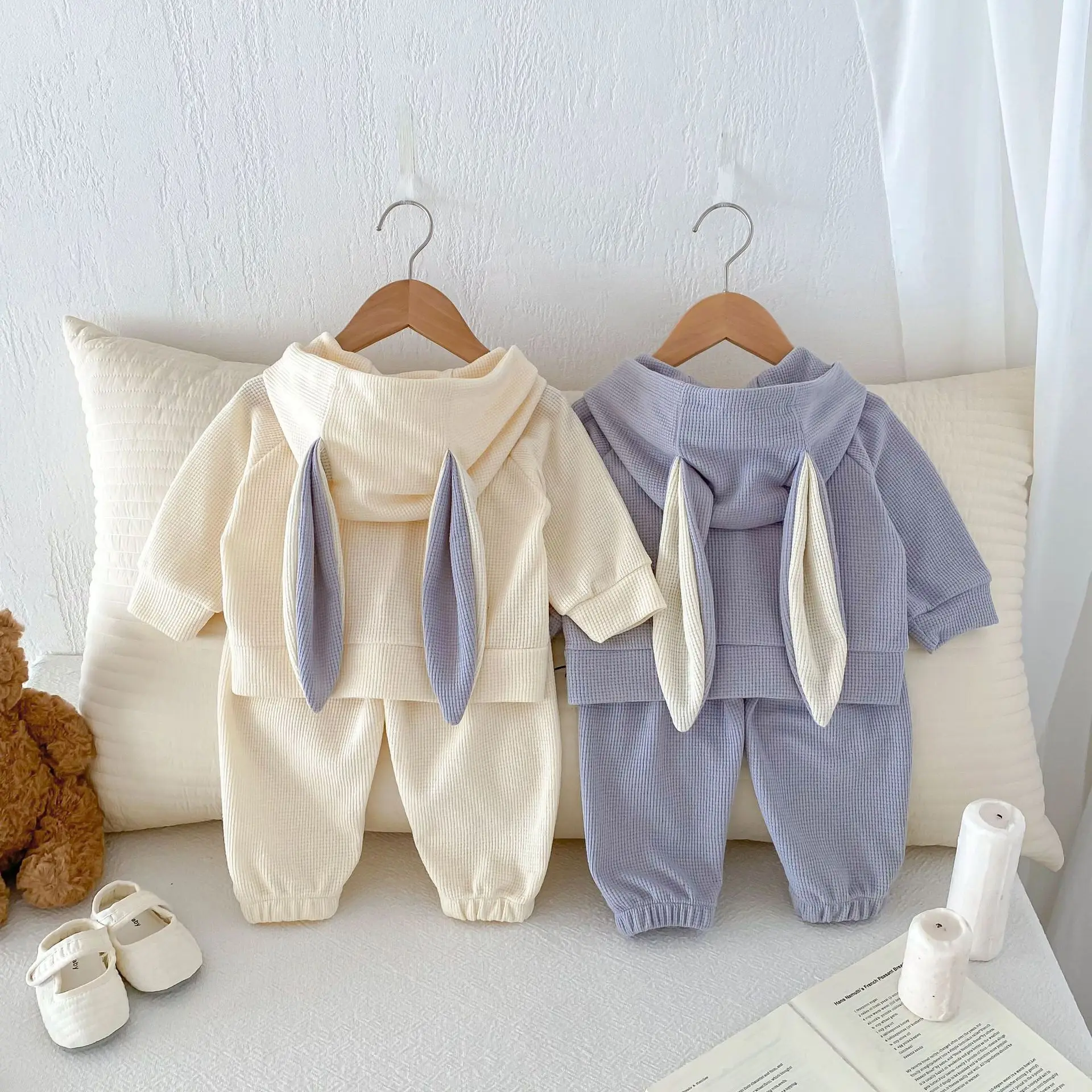 Newborn Baby Clothing 2pcs Sets Autumn Winter Infants Girl Hooded Ears Tops Pants Outfit For Toddler Boys Costume Cute Kids Suit