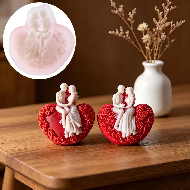 3D Heart & Rose Romantic Couple Silicone Mold for DIY Aromatherapy Candle Soap Plaster Craft Making Wedding Decor Valentine Gift