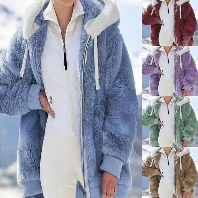 

Autumn Winter Fashion Women Plush Pocket hooded Zipper Long Sleeve Thick Coat Women Warm Casual Streetwear Loose Lady Zipper Out