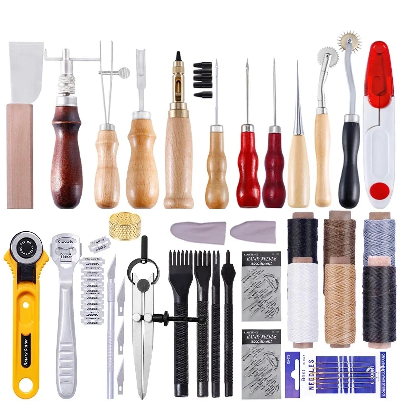 Leather Craft Tools Kit Hand Sewing Stitching Punch Carving Work Saddle Leather Craft Accessories DIY Leather Tools