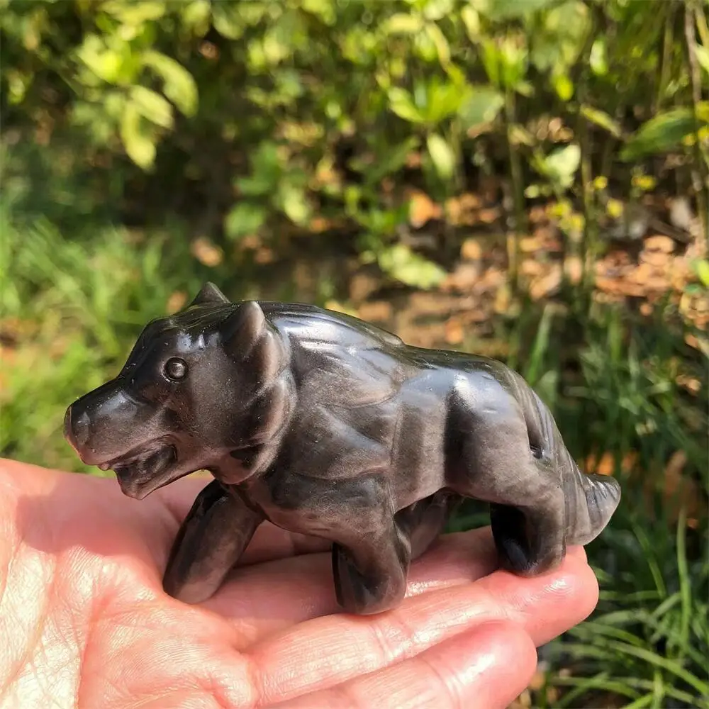 1PCS Natural Silver Obsidian Wolf Animal Carving Fengshui Flashing Crystals Home Decor Collection Gift