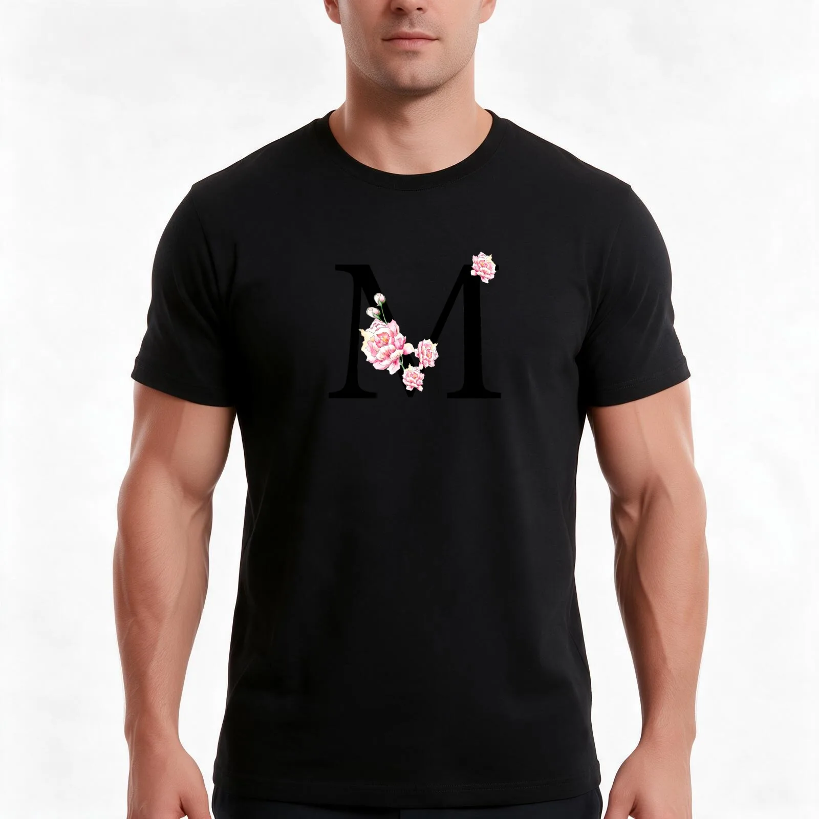 Letter M - Peonies Floral uppercase Alphabet Watercolor T-Shirt, Summer Casual Cotton Tee, Oversized Streetwear Tops