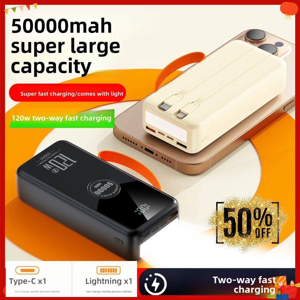 50000mAh Power Bank 120W Bidirectional Fast Charge Built-in Dual Lines 22.5W Portable External Battery for IPhone Huawei Samsung