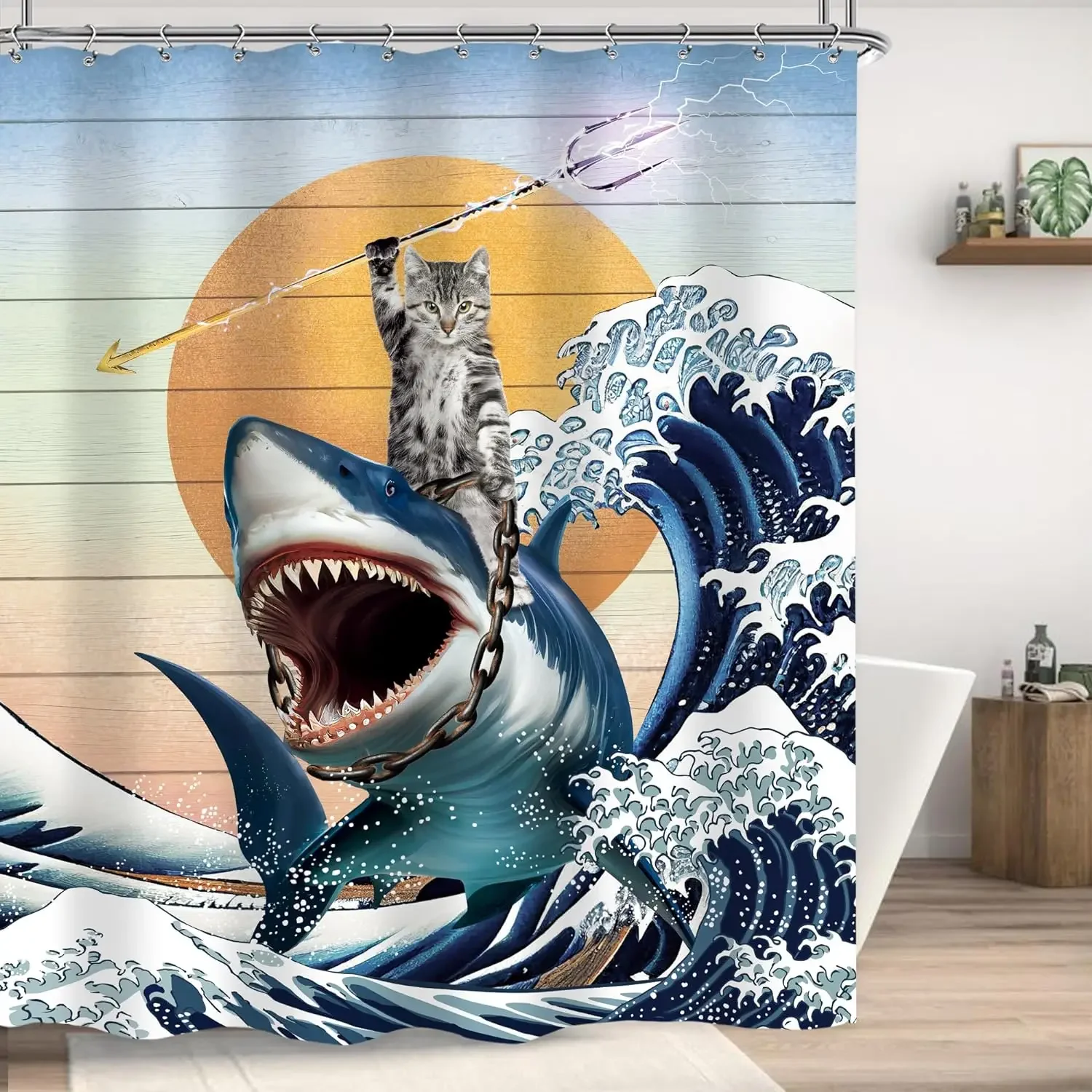 Funny Animal Cartoon Shower Curtain Cat Riding Shark Dinosaur Ocean Waves Fish Kid Cute Creative Polyester Fabric Bathroom Decor