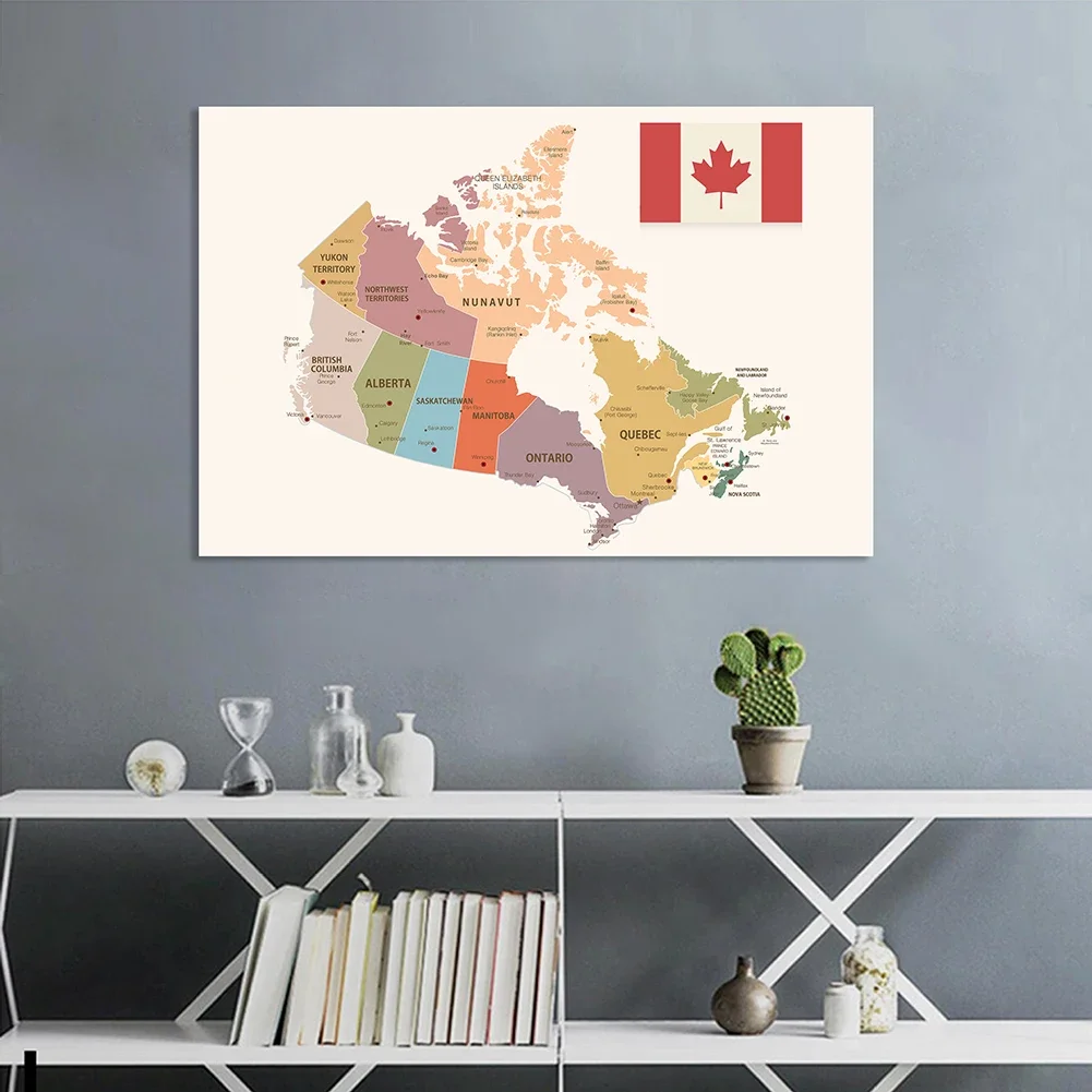 Peinture sur toile non tissée de la carte du Canada, affiche d'art mural, image de confrontation décorative, fournitures scolaires, décoration d'intérieur, 150x100cm