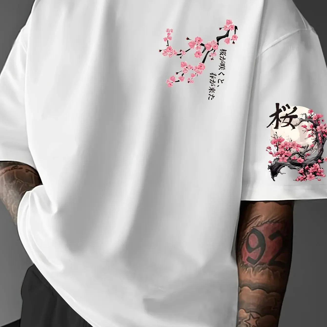 Men's Summer Japanese T-Shirt Cherry Blossom Snake Print Cotton White Top for Casual Streetwear & Oriental Style