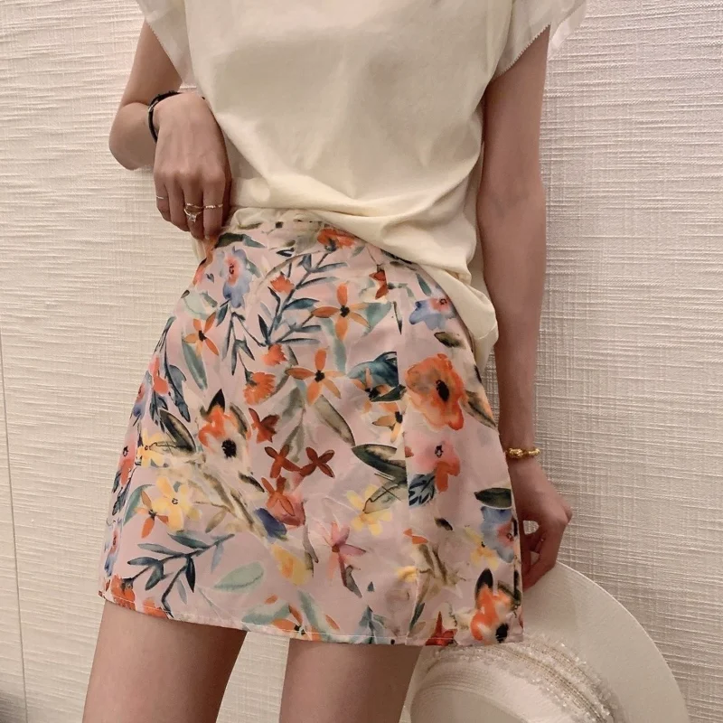 Mini Skirts Women Summer A-line Floral Painting Vintage Office Lady Elegant High Waist with Lining Sweet Gentle Aesthetic Faldas