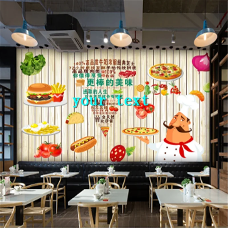 Burgers Pizza Restaurant Industrial Decor Wooden Wall Background Mural Wallpaper 3D Western Fast Food Snack Bar Wall Paper 3d