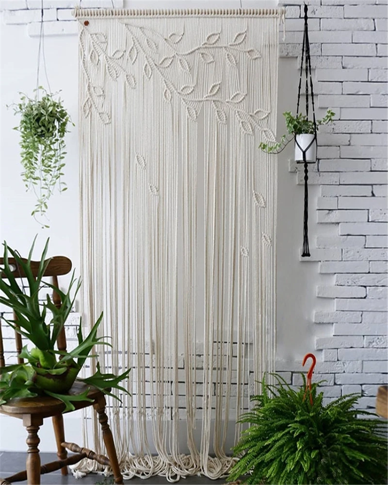 Imagem -06 - Mão-woven Folhas Padrão Macramé Cortina Bohemian Wall Hanging Arte Tapeçaria Borla Porta Cortina Decoração para Casa