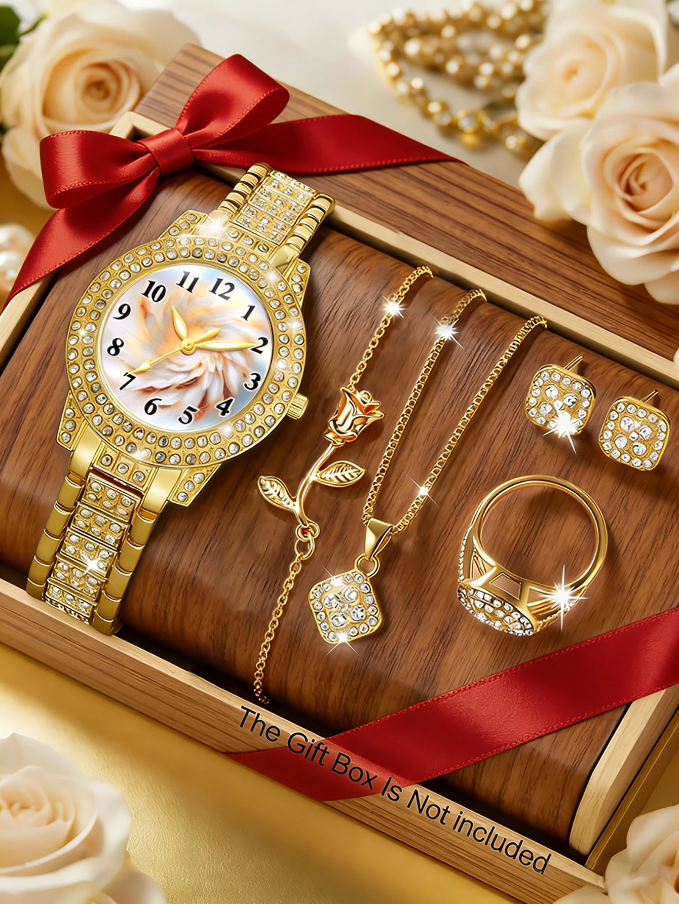 Women's chain watch paired with a set of hollowed-out accessories, with a patterned dial, a rose-colored bracelet, and as a birt