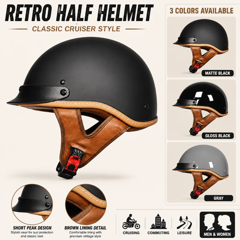 レトロなバイク用ハーフヘルメット、クラシッククルーザーオープンフェイスヘルメット、ヴィンテージスタイルのバイク・スクーター用ライディングヘルメット（男女兼用）