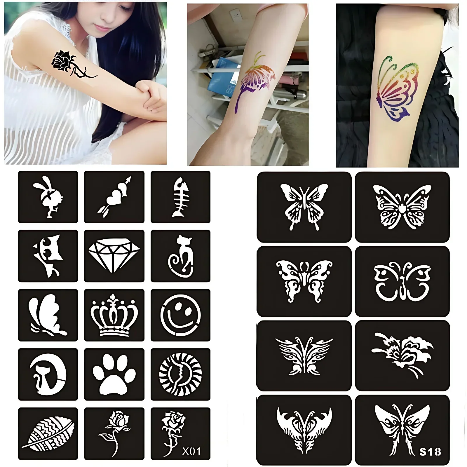 340 pz hennè Glitter tatuaggio Stencil libro riutilizzabile Shamrock Qos baffi cuore modello adesivi all\'henné Stencil per donna uomo