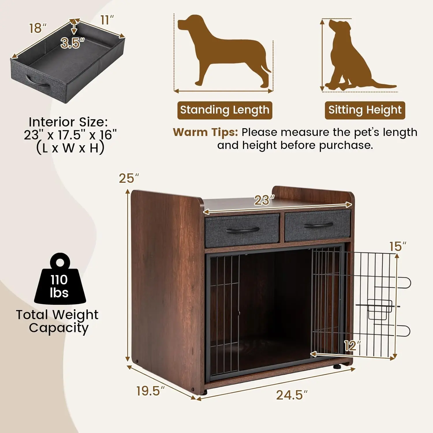 Furnitur kandang anjing-meja ujung kandang anjing kayu dengan 2 laci penyimpanan, pintu berkait, kandang anjing rumah hewan peliharaan dalam ruangan