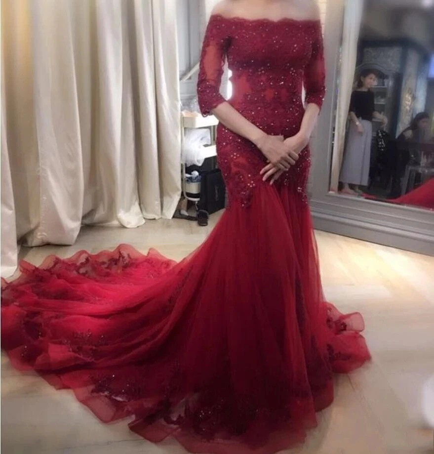 

ANGELSBRIDEP Burgundy Long Evening Dresses Vestidos De Festa Boat-Neck Half Sleeves Court Train Formal Prom Wedding Party Gowns