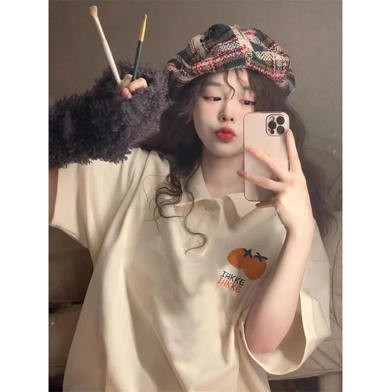 Cartoon Print Polo Shirts Short Sleeve 100% Cotton Y2K Cute Women Tshirt Summer Harajuku Preppy Style Oversized Tops T Shirts