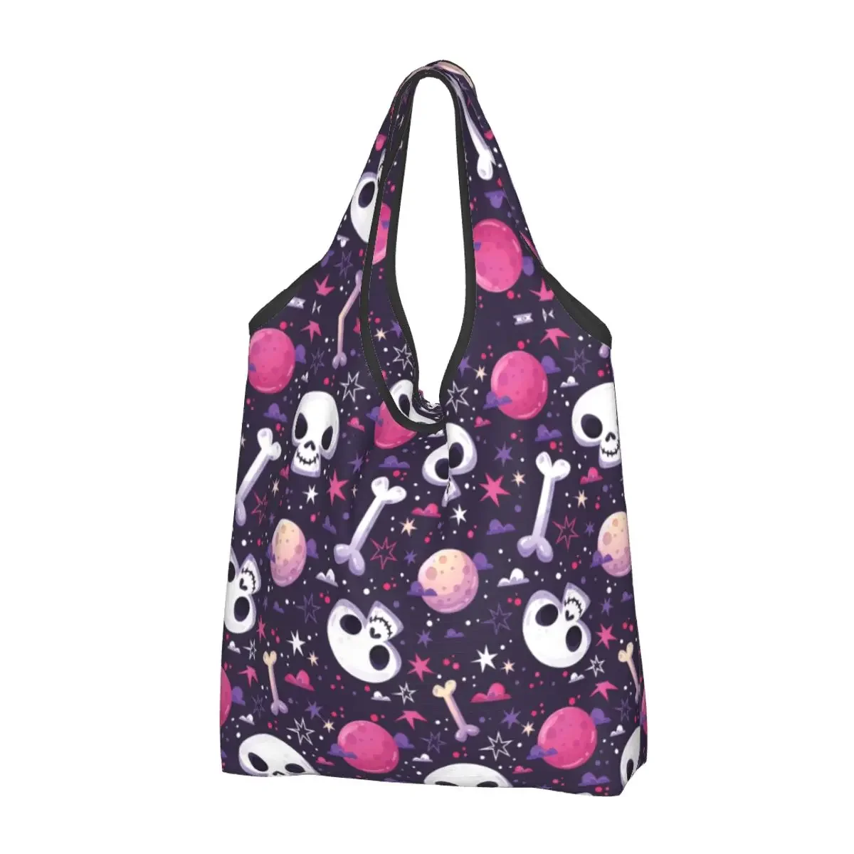 

Kawaii Skull Print Shopping Tote Bags Portable Horror Skeleton Death Groceries Shoulder Shopper Bag