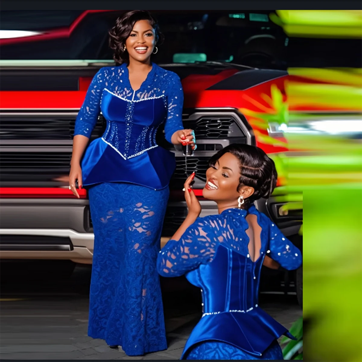 

Royal Blue Lace Mermaid Prom Dress V Neck Half Long Sleeves Peplum Long Evening Gowns Women Formal Occasion Party Dress