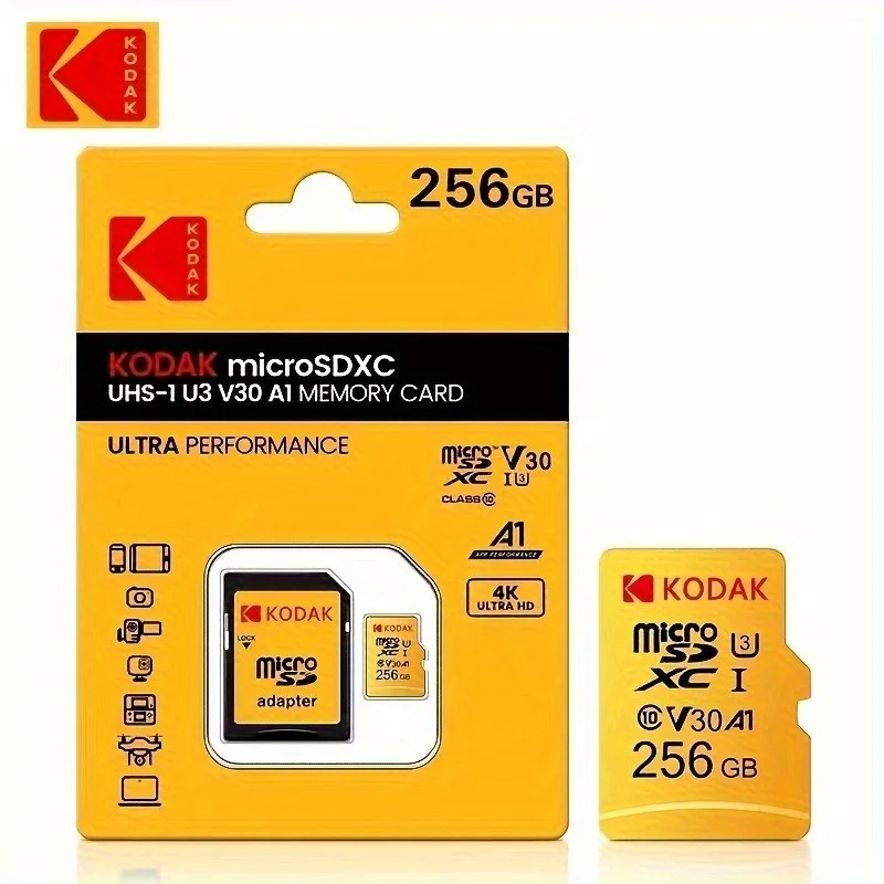 Kodak 32GB-256GB MicroSDCC Memory Card - U3, 4K, A1, UHS-I, C10, TF Memory Cards สําหรับกล้อง สมาร์ทโฟน และแท็บเล็ต