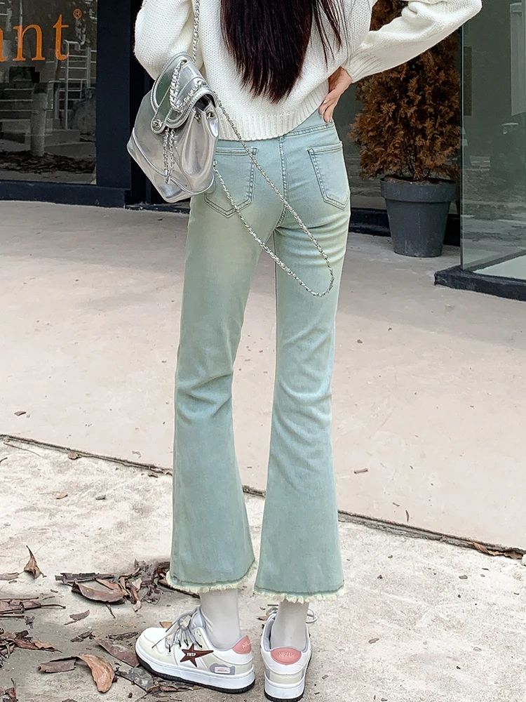 Retro Winter Velvet Ripped High Waist Ankle-Length Jeans Women Korean Fashion Flare Pants Stretch Denim Pants Pocket Trousers