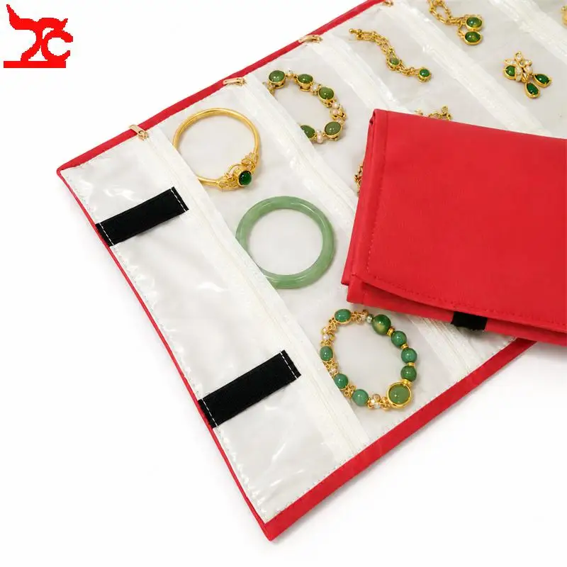 Red Leather 18 Girds Foldable Jewelry Roll Bag Portable Travel Earring Necklace Ring Organizer Pouch Bracelet Ear Stud Storage