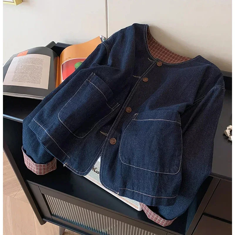 Denim Jacket Women Harajuku Plaid Patchwork Jeans Coats Spring Autumn Korean Long Sleeve Pockets Casual Outerwears New