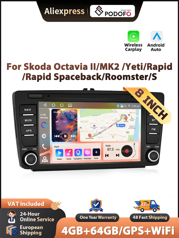 Podofo Android Autoradio für Skoda Octavia II/MK2/Yeti, kabelloses CarPlay, GPS-Navigation, WLAN, FM/RDS, 2-DIN-Headunit, BT-Autoradio