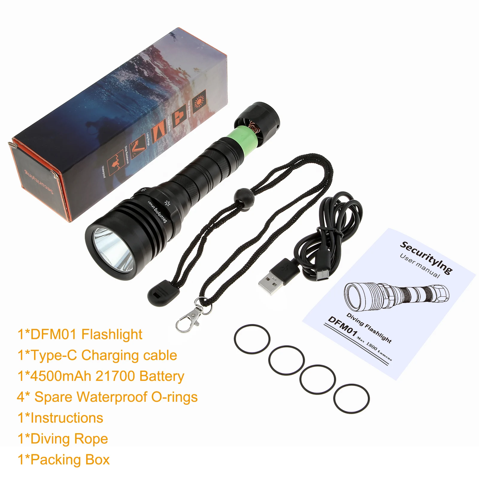 1800LM 5 Modes Light Scuba Diving Flashlight Magnetic Switch USB Charging Underwater 100m Submersible Torch 4500mAh Battery