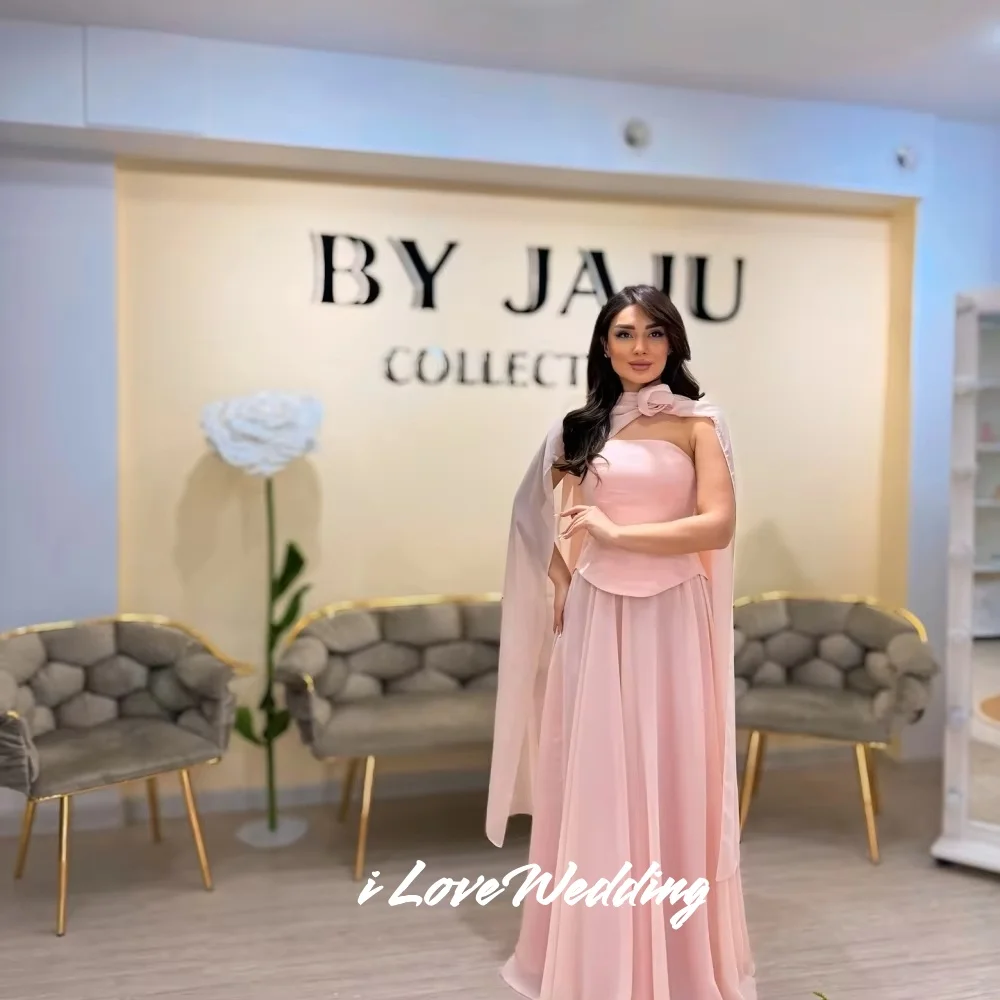 

Pink Strapless Evening Dresses 2025 Sleeveless Flower Shawl A-Line Skirt Floor-Length Pleated Wedding Party Dresses Customized
