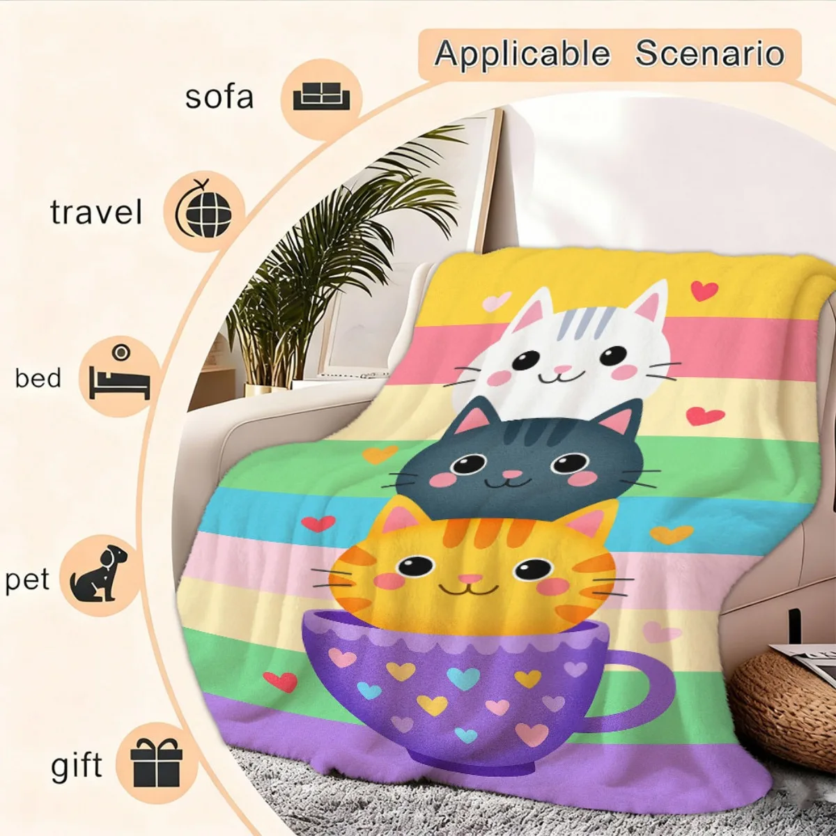 1pc Cozy Cartoon Cat Print Flannel Blanket - Soft Warm All-Season Throw with Whimsical Kittens in Mugs Design, Multi-Color Strip