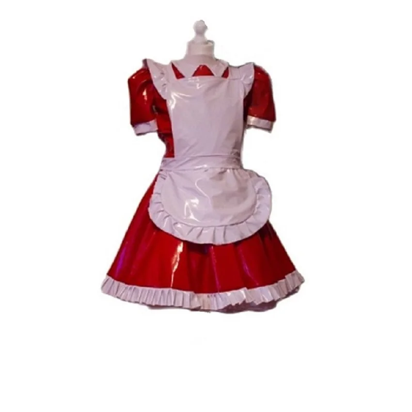 

New Hot Sale Maid Sexy Adult Sissy Lockable PVC Red Independent Apron Lapel Short Sleeve Dress Ruffle Custom Adult Glamour