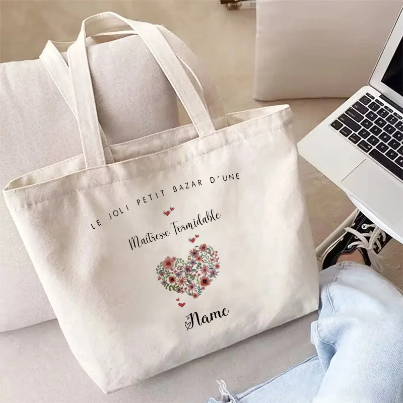 

Personalized Name ATSEM Super Nanny Jute Tote Bag, Heart Pattern Shopping Travel Handbag, Ideal Gift for Teachers Women