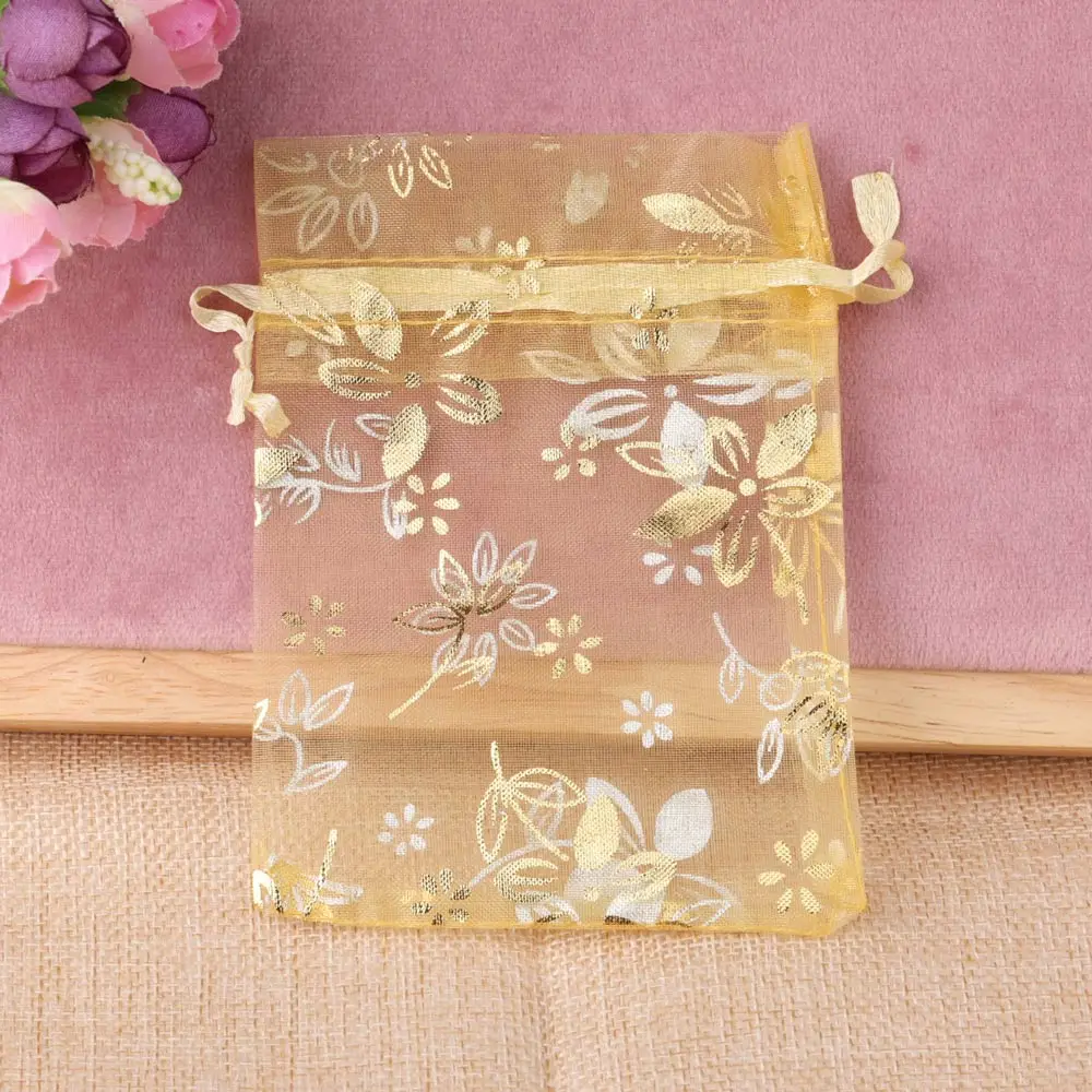 20pcs 9x12cm 10x15cm 13x18cm New Organza Jewelry Bag Gold Color Red Bauhinia Flower Bracelet Necklace Gift Pouch Packaging Bags