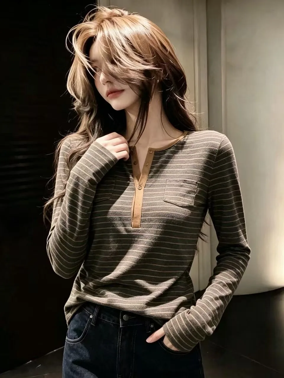 Women's Hooded T-Shirt V-Neck Button Design Stripe Patchwork Base Shirt Top Color Block Contrast Trendy Korean Style Autumn N...