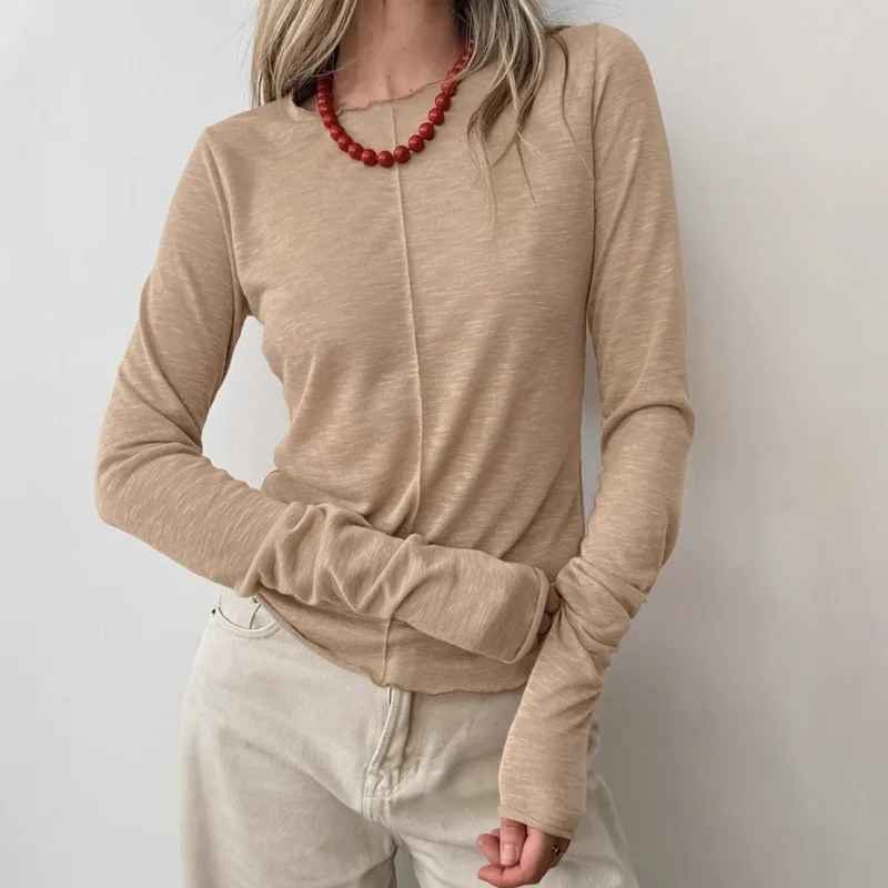 

Simple Women's Tops Spring Summer Solid Color Versatile Style Casual Daily Pullover Long-sleeved Round Neck Splicing Base Shirt