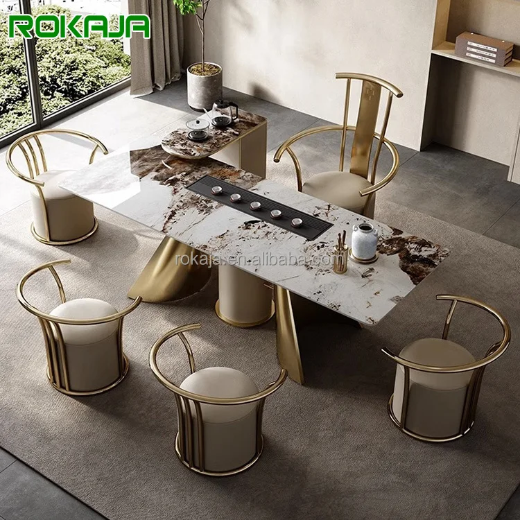

Luxury rectangular slate tea table with kung fu teapot gold stainless steel legs home office Chinese tea table chair set
