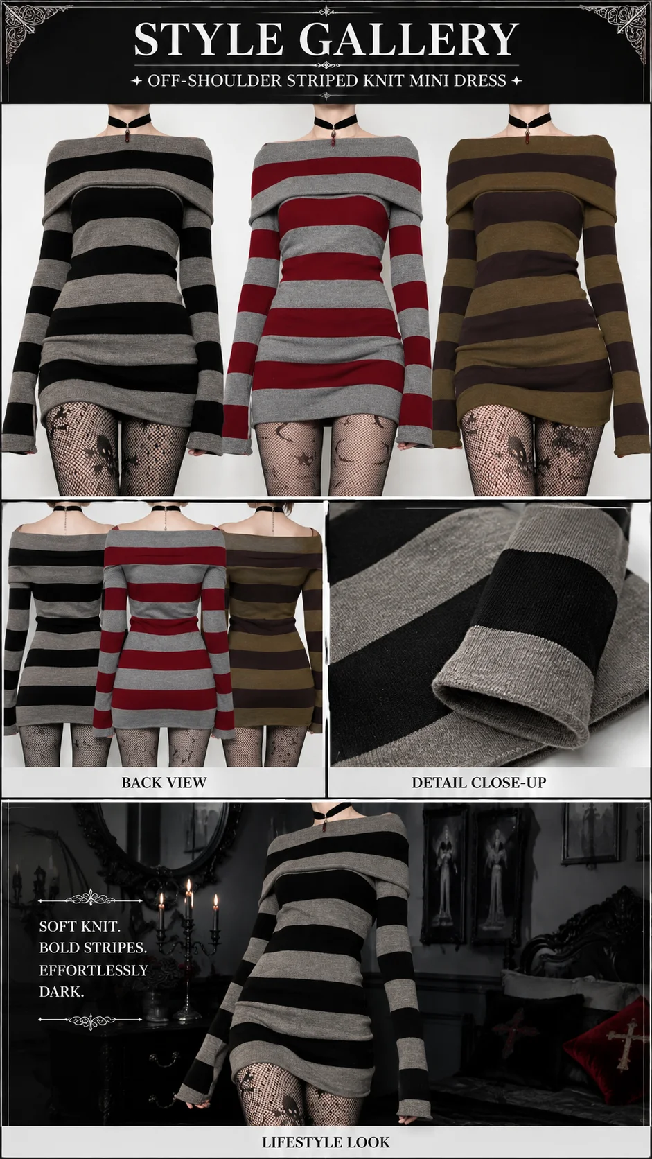 Women Gothic Y2K Off Shoulder Striped Knit Mini Dress, Long Sleeve Bodycon Sweater Dress, Punk Grunge Aesthetic Party Club Outfits image 8